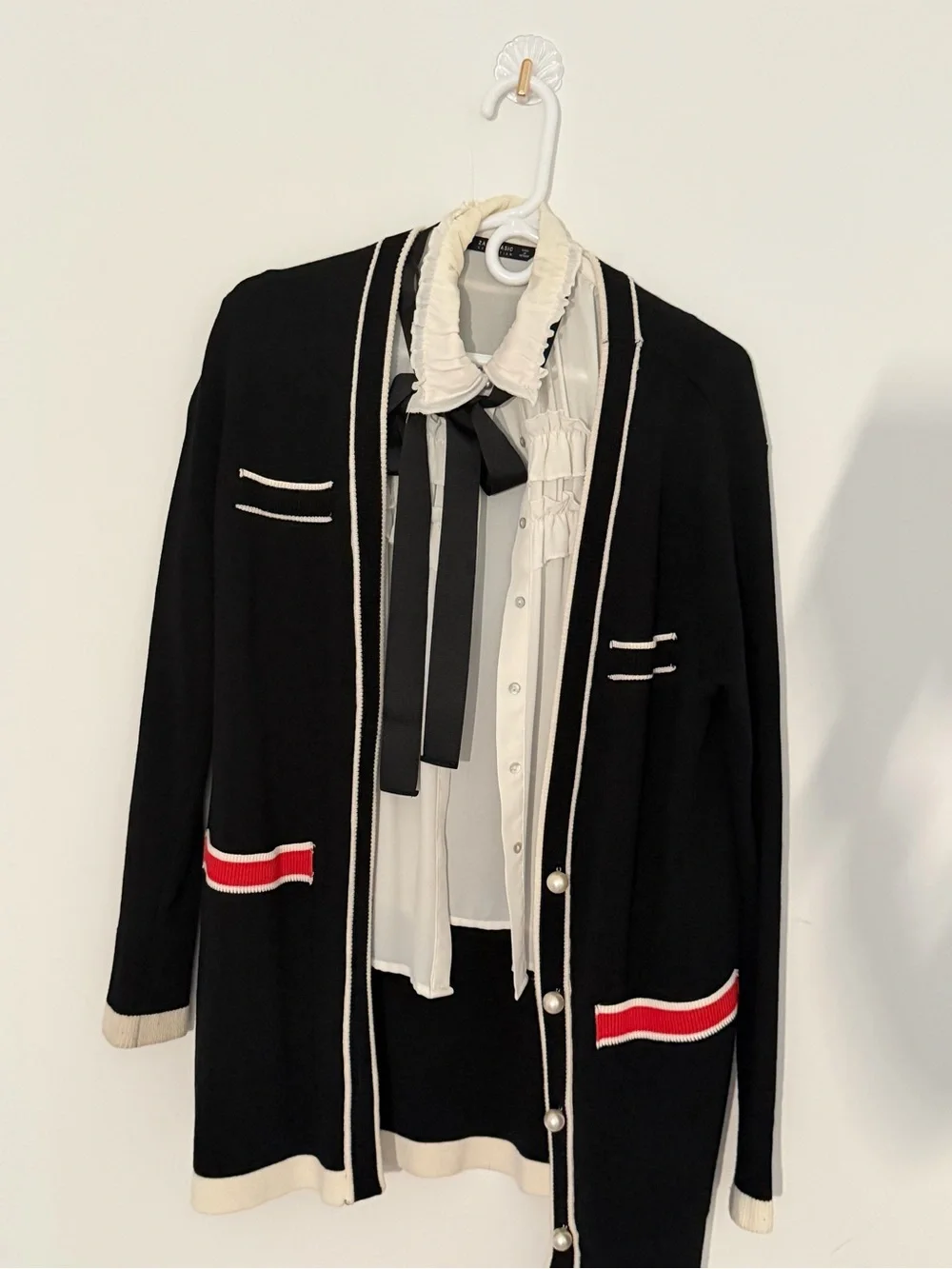 ZARA Women’s Black Longline Cardigan with Pearl Buttons & Contrast Trim